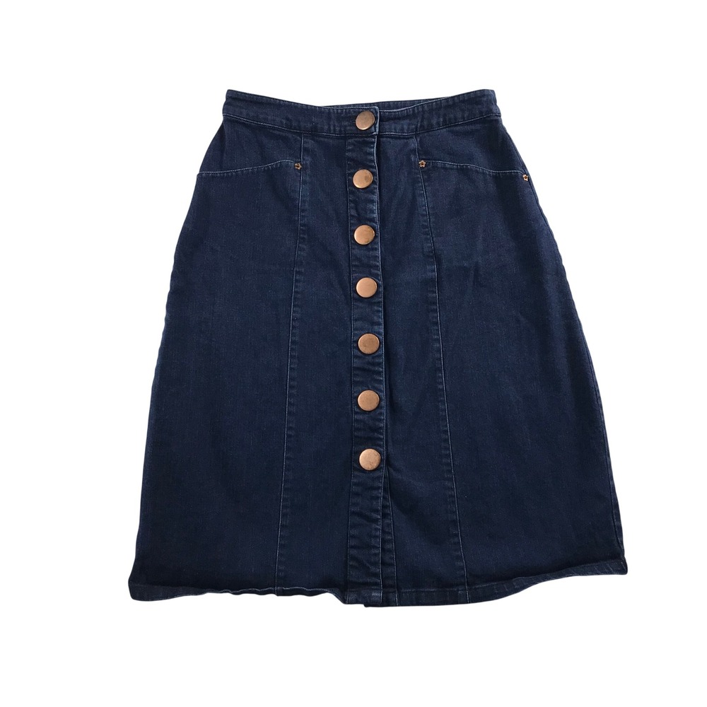 ModCloth Dark Wash Button Front Denim Midi Skirt Blue Copper Buttons Womens Sz M
